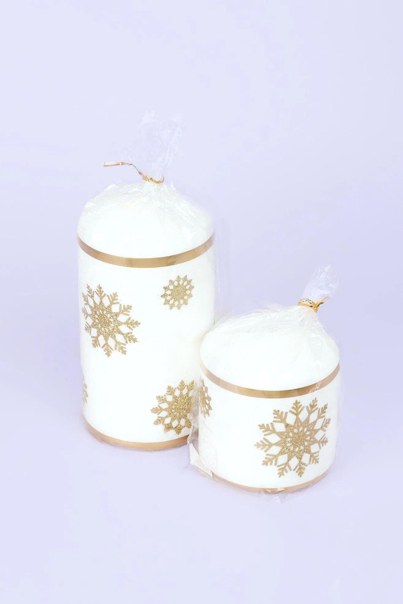 Snow White Pillar Candle with Gold Snowflakes