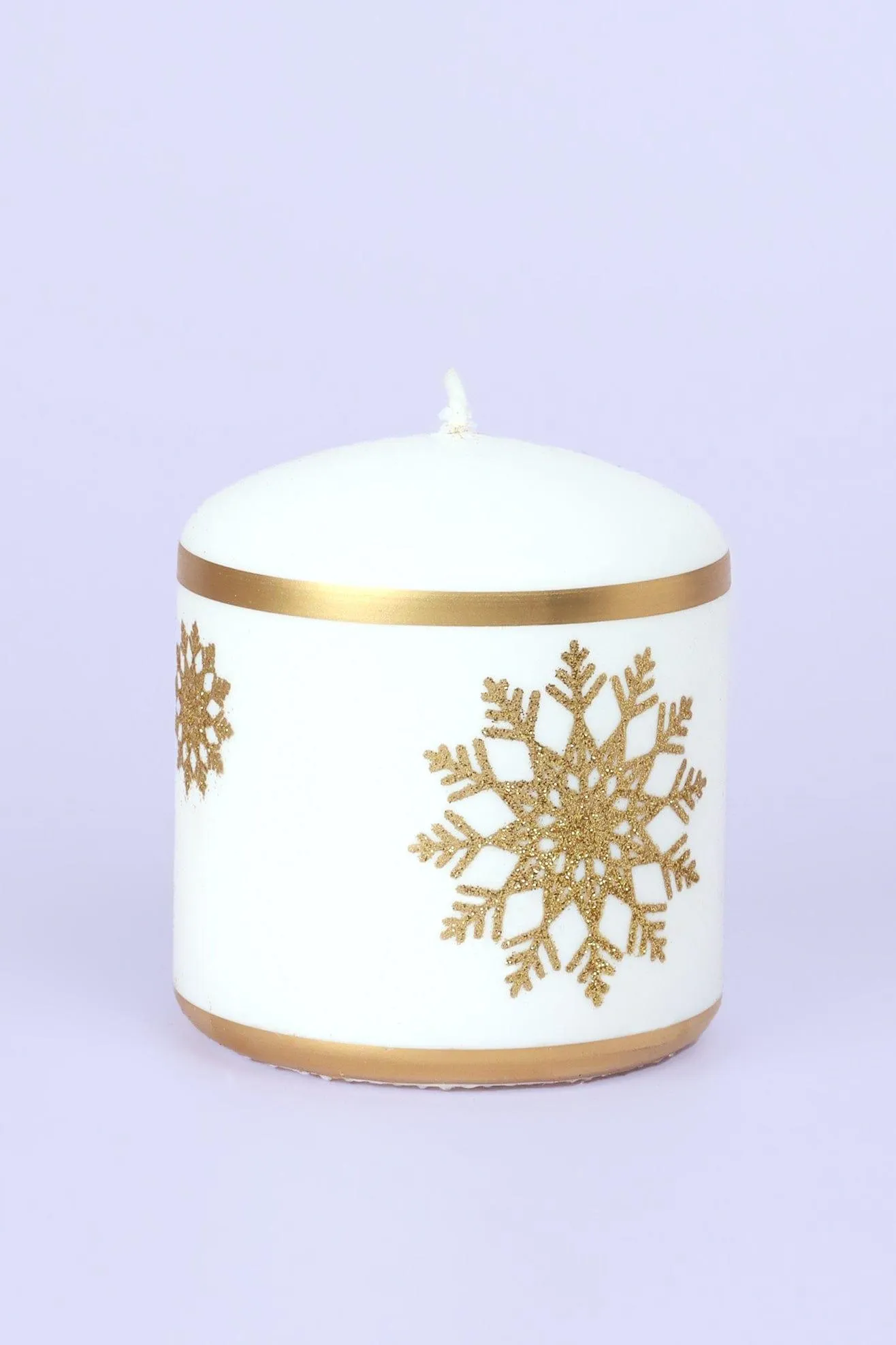 Snow White Pillar Candle with Gold Snowflakes