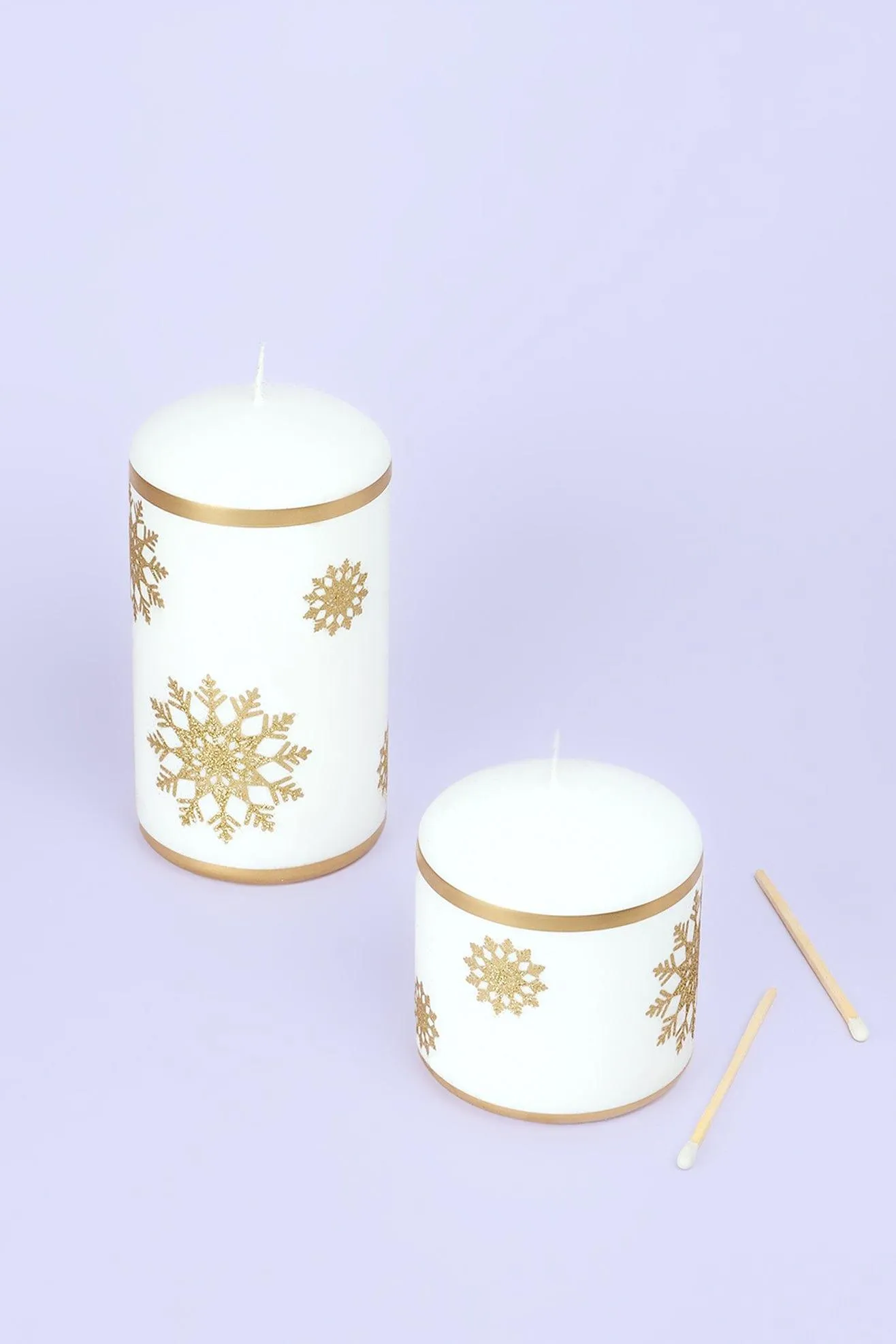 Snow White Pillar Candle with Gold Snowflakes