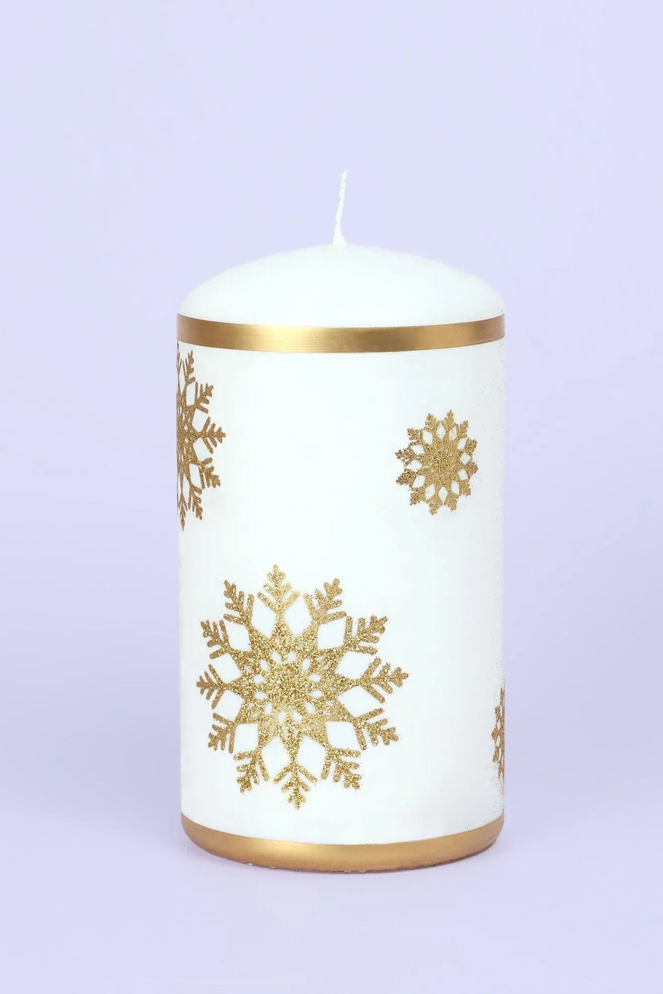 Snow White Pillar Candle with Gold Snowflakes