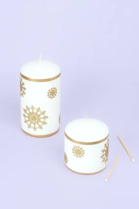 Snow White Pillar Candle with Gold Snowflakes