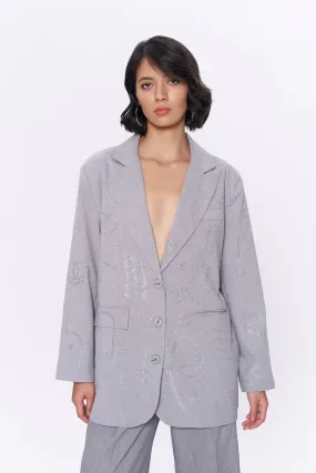 Stone Pattern Double Breasted Oversized Blazer Jacket Light Gray