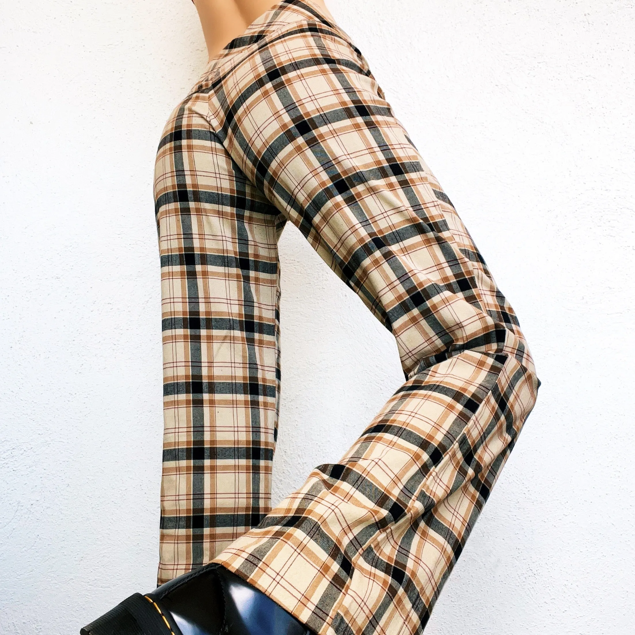 Tan & Black Plaid Flare Pants (M)