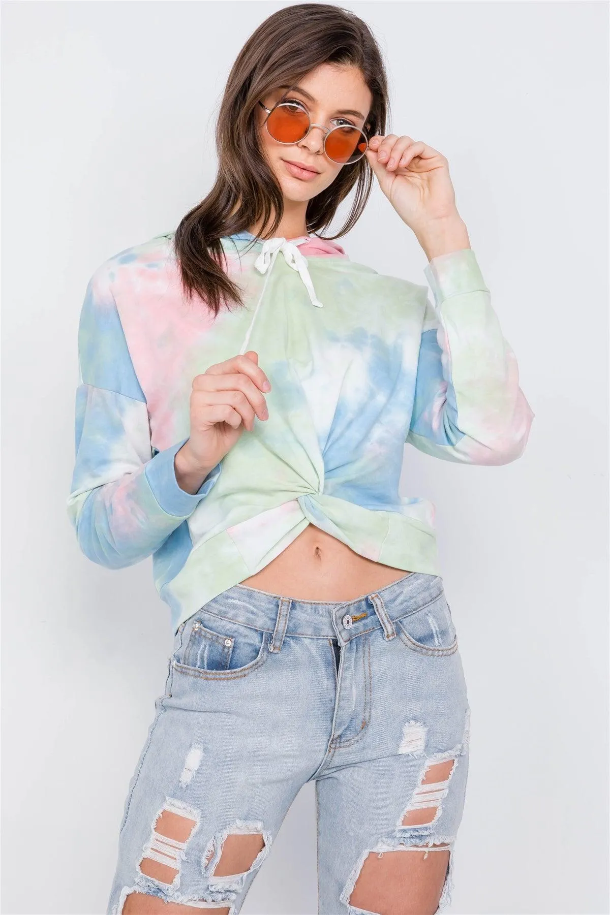 Tie Dye Front Rolled Knot High-Low Cotton Hoodie / 3-2-1