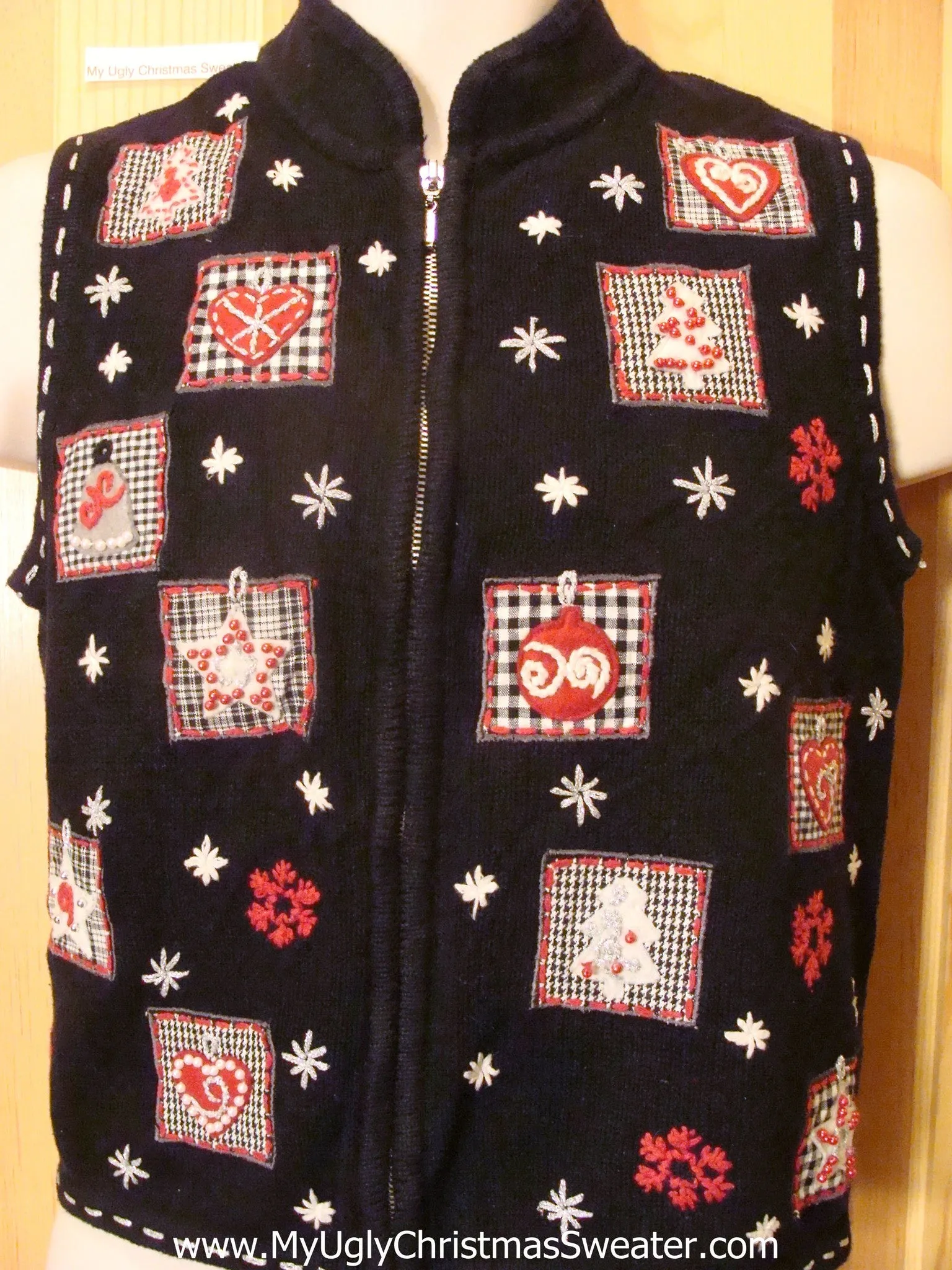 Ugly Christmas Sweater Vest with Plaid Blocks of Festive Xmas Decoration