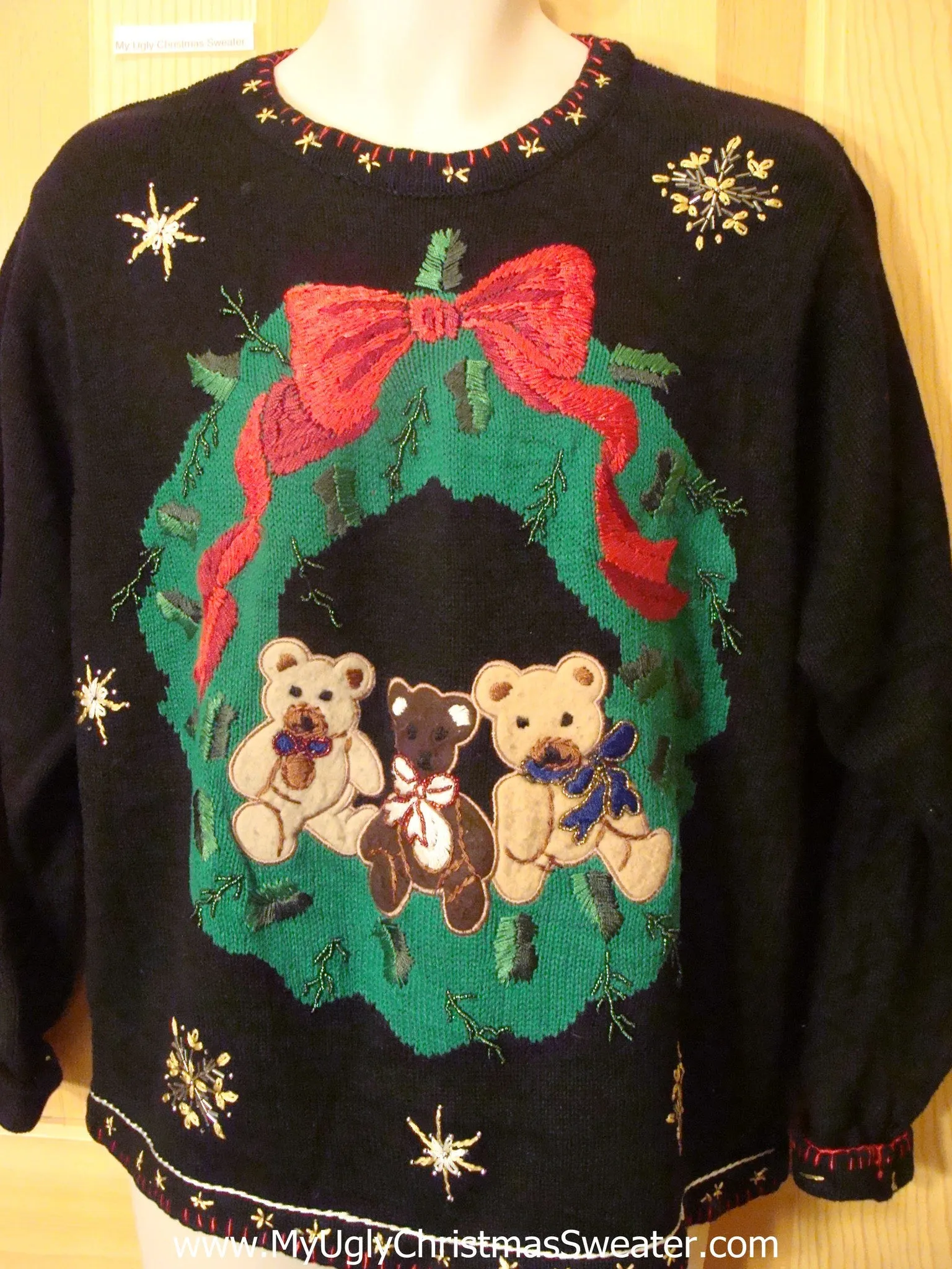 Ugly Christmas Sweater with Wreath and Teddy Bears