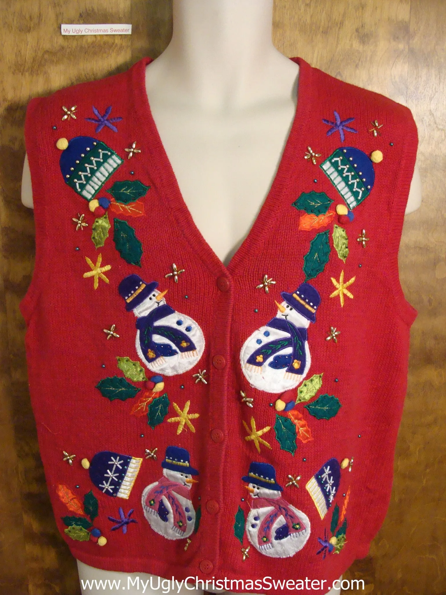 Ugly Red Christmas Sweater Vest with Snowmen