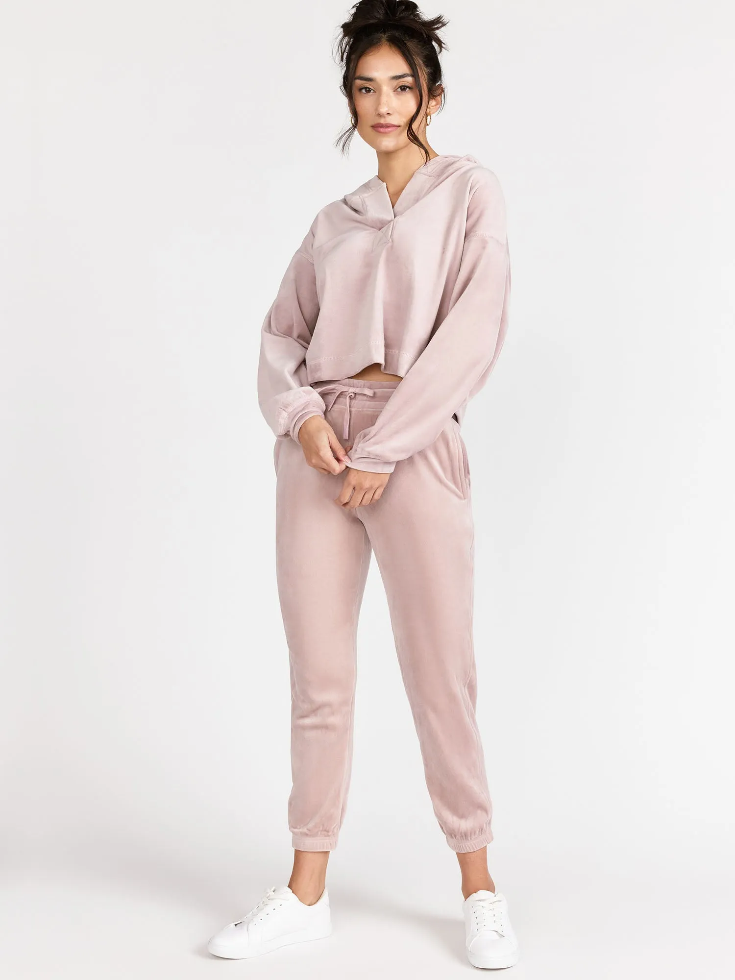 Velour Cropped Hoodie Pullover, Lilac - Mono B