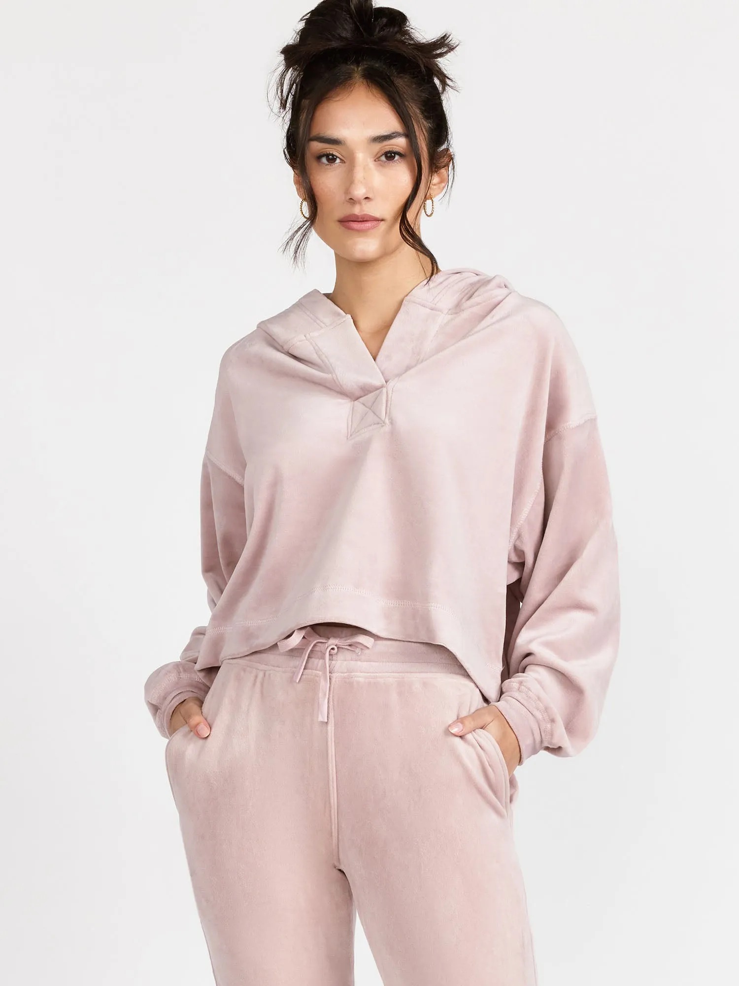 Velour Cropped Hoodie Pullover, Lilac - Mono B