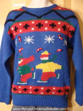 Vintage 80s Tacky Holiday Sweater with Skating Children (f1027)