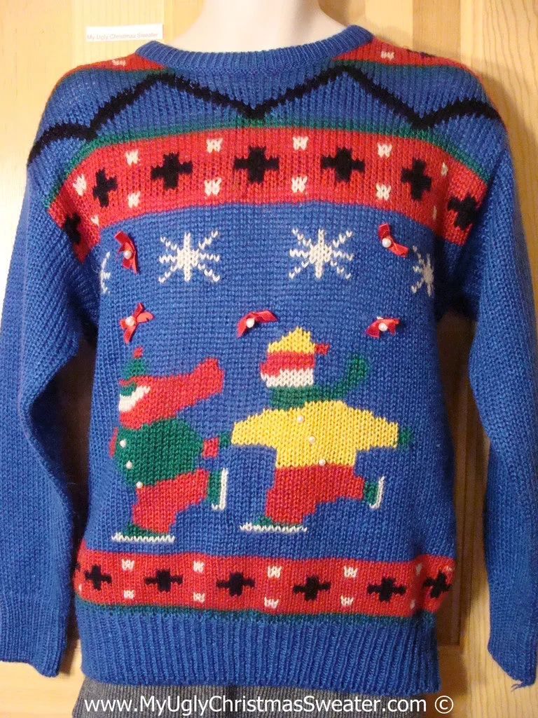 Vintage 80s Tacky Holiday Sweater with Skating Children (f1027)