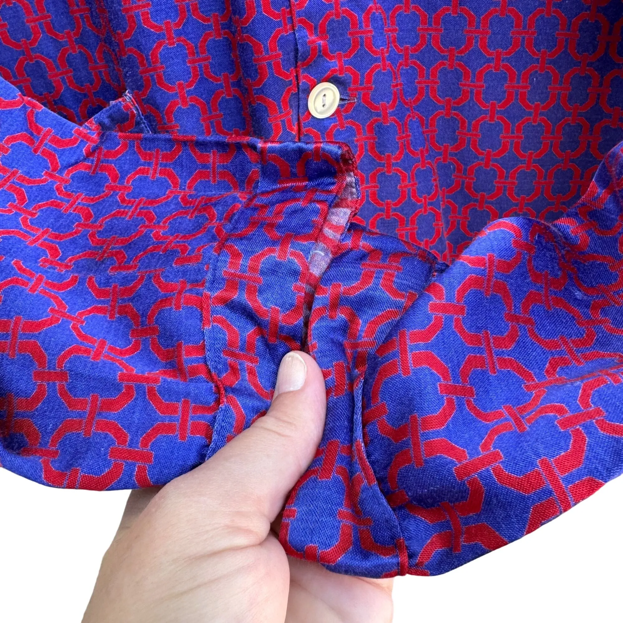 Vintage Blue & Red Geometric Pattern Long Sleeve Button-Up Shirt With Pockets