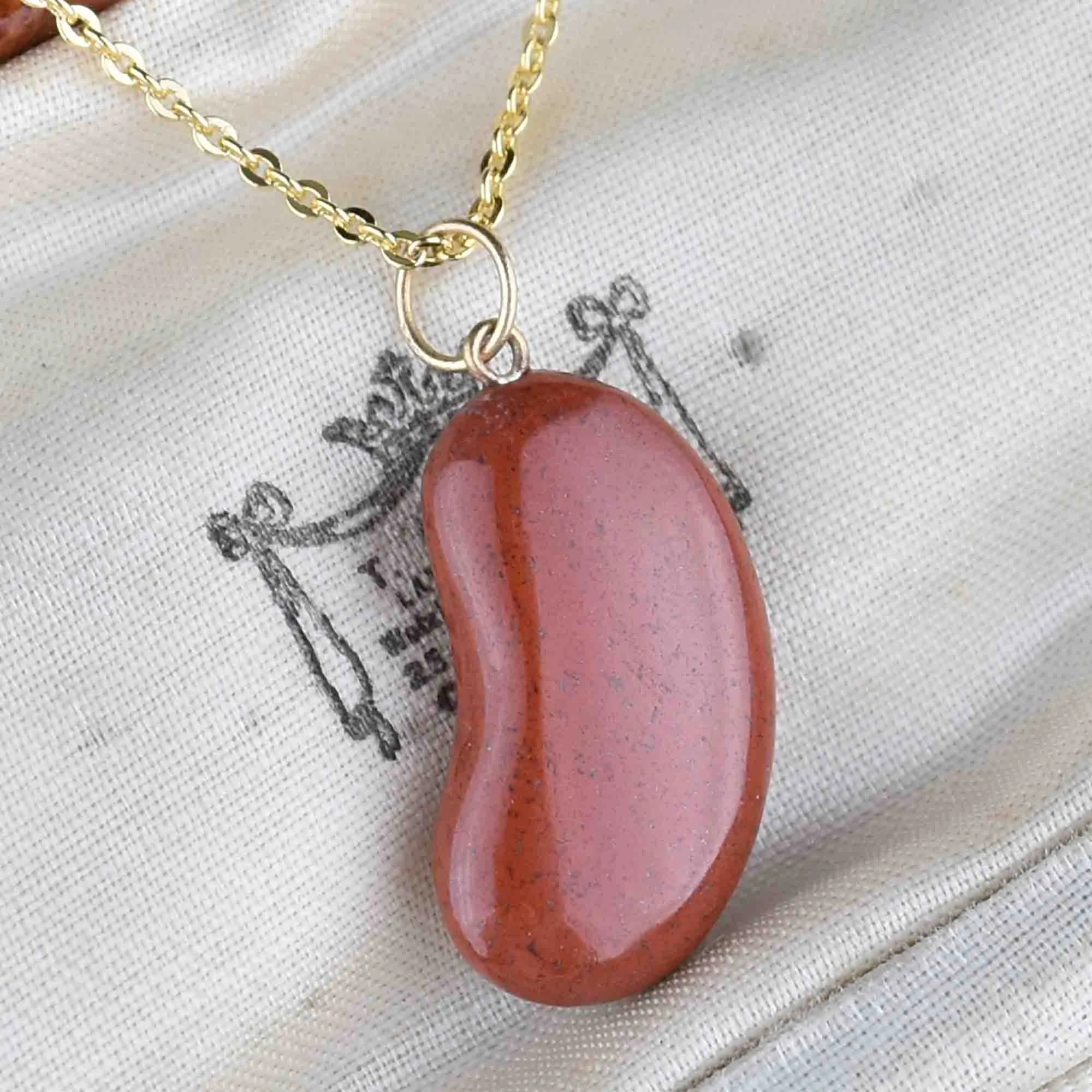 Vintage Gold Jasper Lucky Bean Pendant Necklace