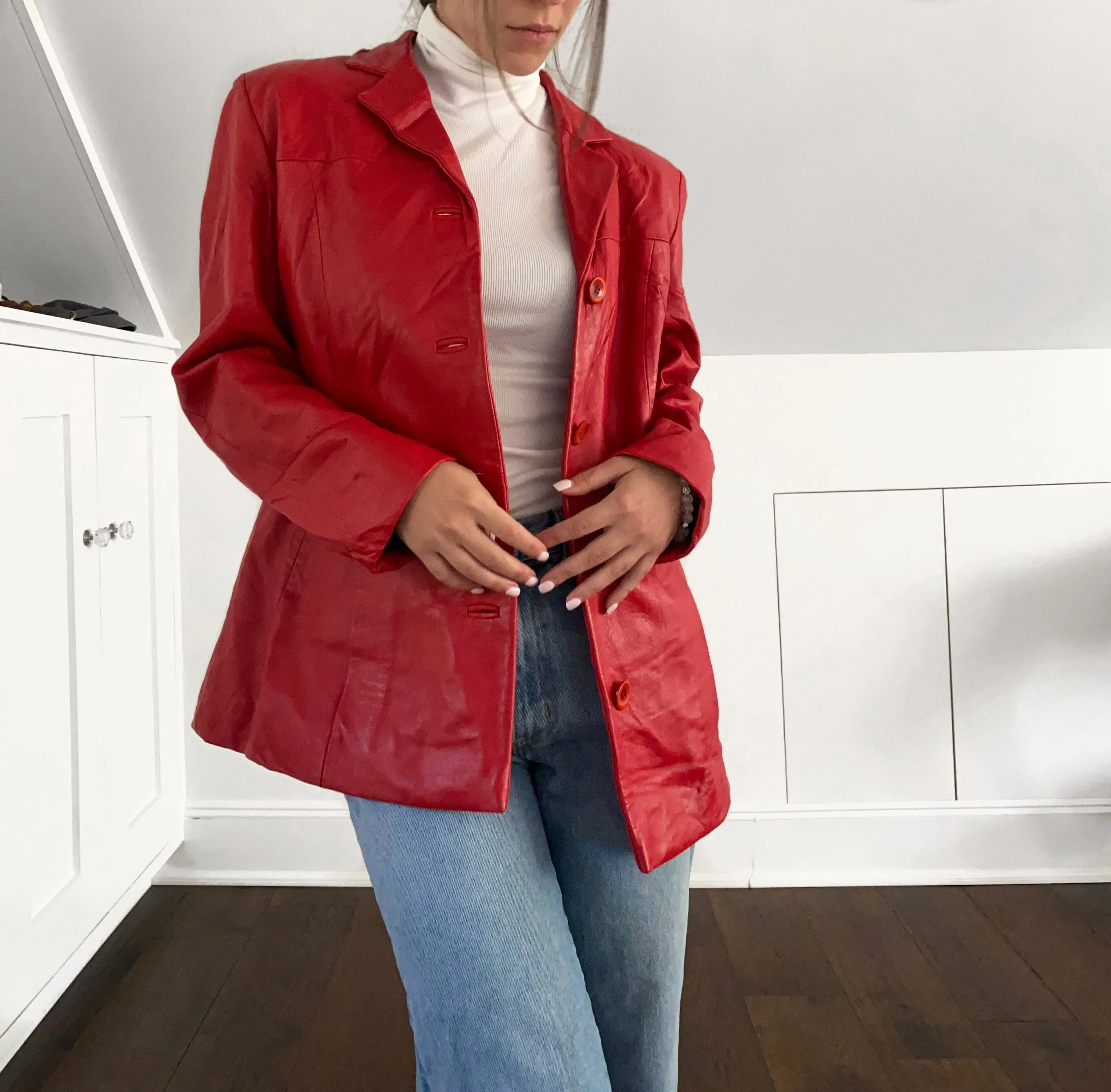 Vintage Red Leather Blazer Jacket