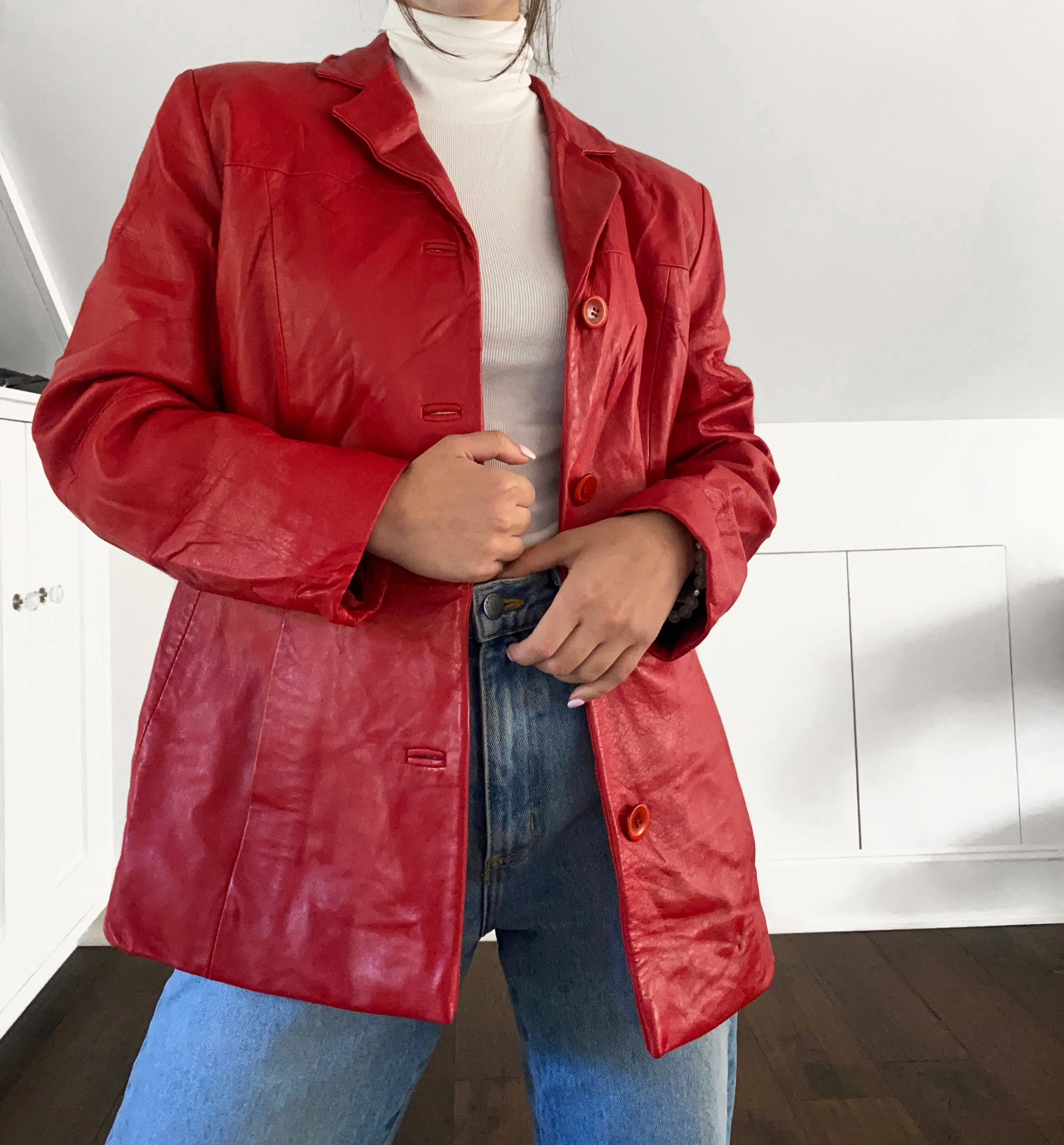 Vintage Red Leather Blazer Jacket