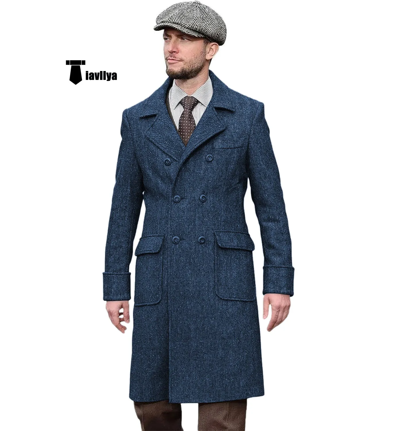 Vintage Trench Coat Men Double Breasted Notch Collar Herringbone Tweed Coat Slim Fit Winter Wedding