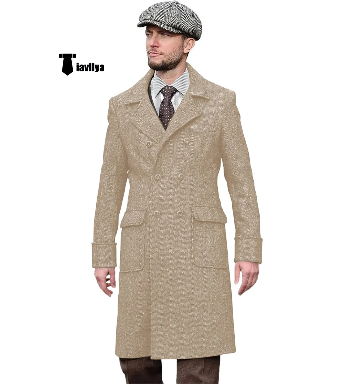 Vintage Trench Coat Men Double Breasted Notch Collar Herringbone Tweed Coat Slim Fit Winter Wedding