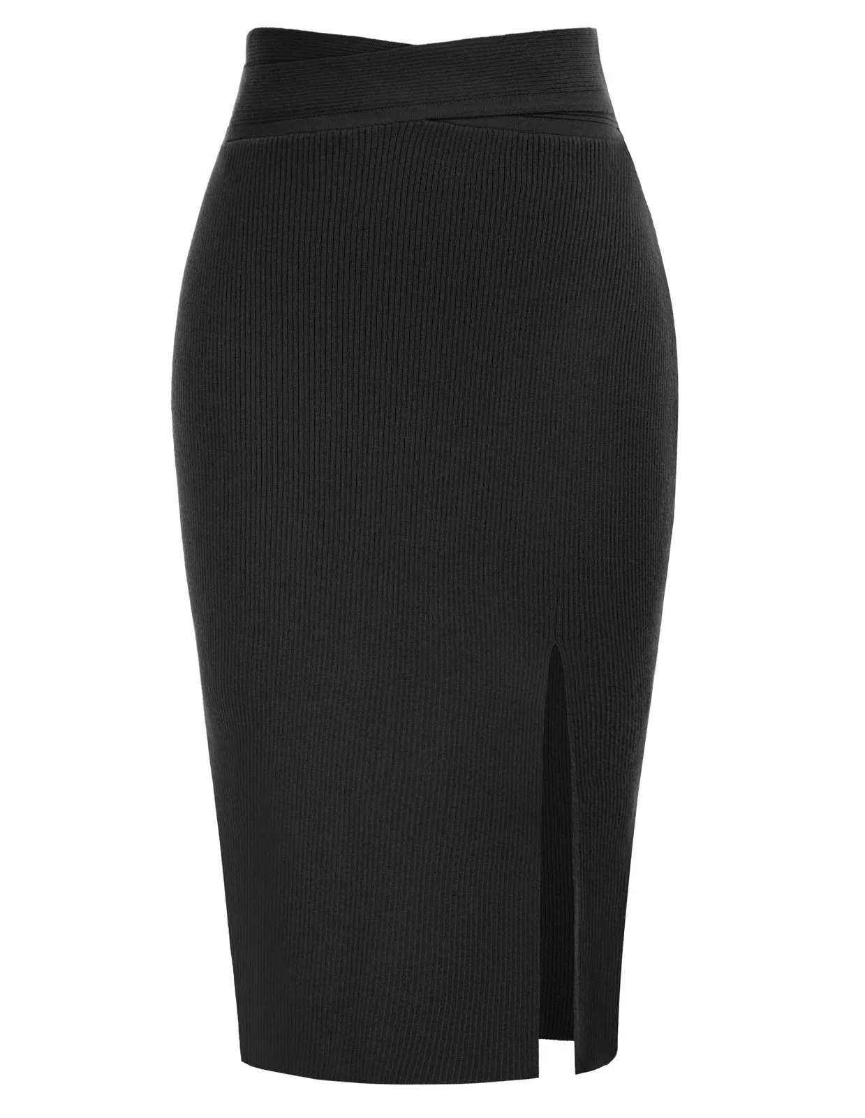 Women Front Slit Sweater Skirt Cross Over Waist Below Knee Knitted Skirt