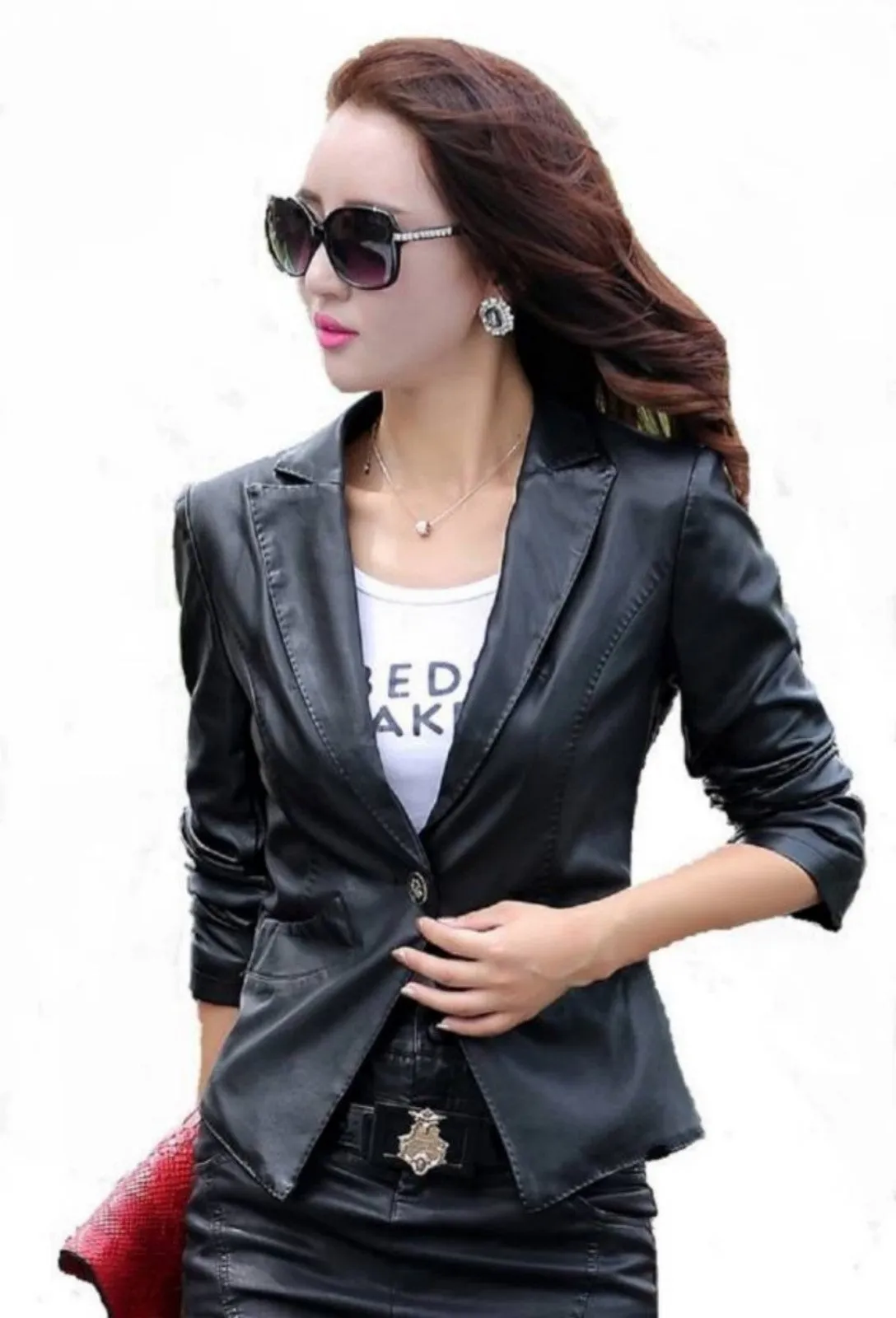 Women's Sleek One Button Leather Blazer WB09