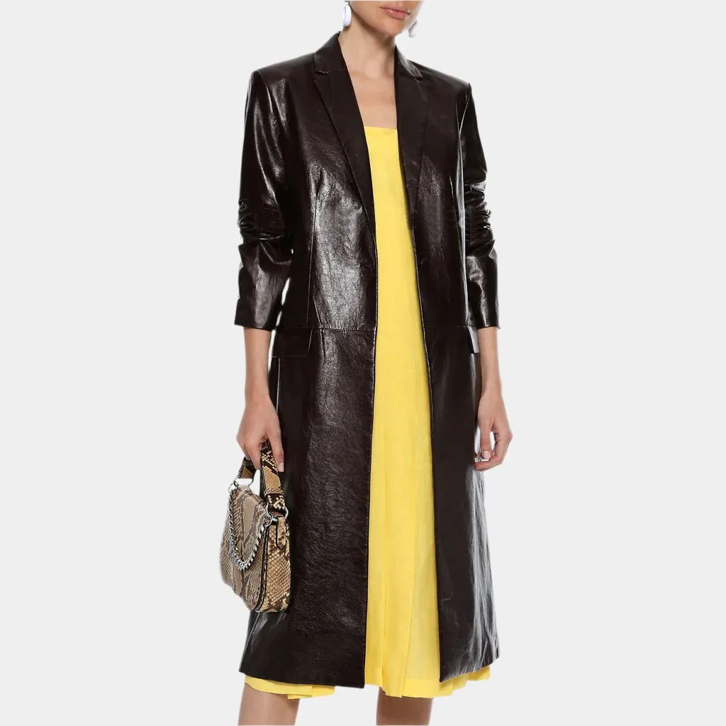 Women’s Trench Leather Coat with Front Flap Pockets